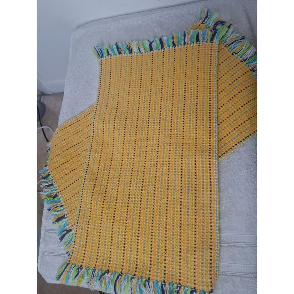 Vintage Yellow Woven Placemats Set of 2 Boho Multi Color Fringe Table Decor